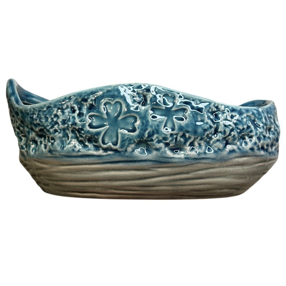Vintage Ceramic Planter Blue & Gray Embossed Floral Clover Abstract Oval Glazed - Picture 2 of 9